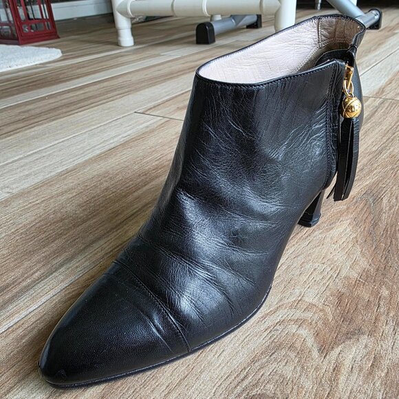 Chanel Black Captoe Lamb Leather  Zipper Ankle Tassel CC Bootie 9 - Picture 1 of 13